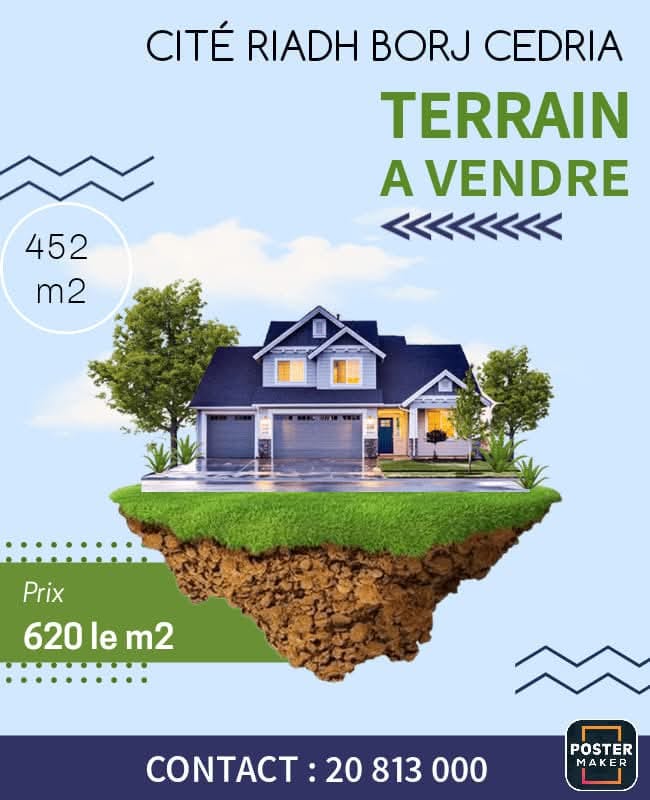 VENTE TERRAIN   452 m²  LOTISSEMENT EL KATIRA CITÉ RIADH BORJ CEDRIA